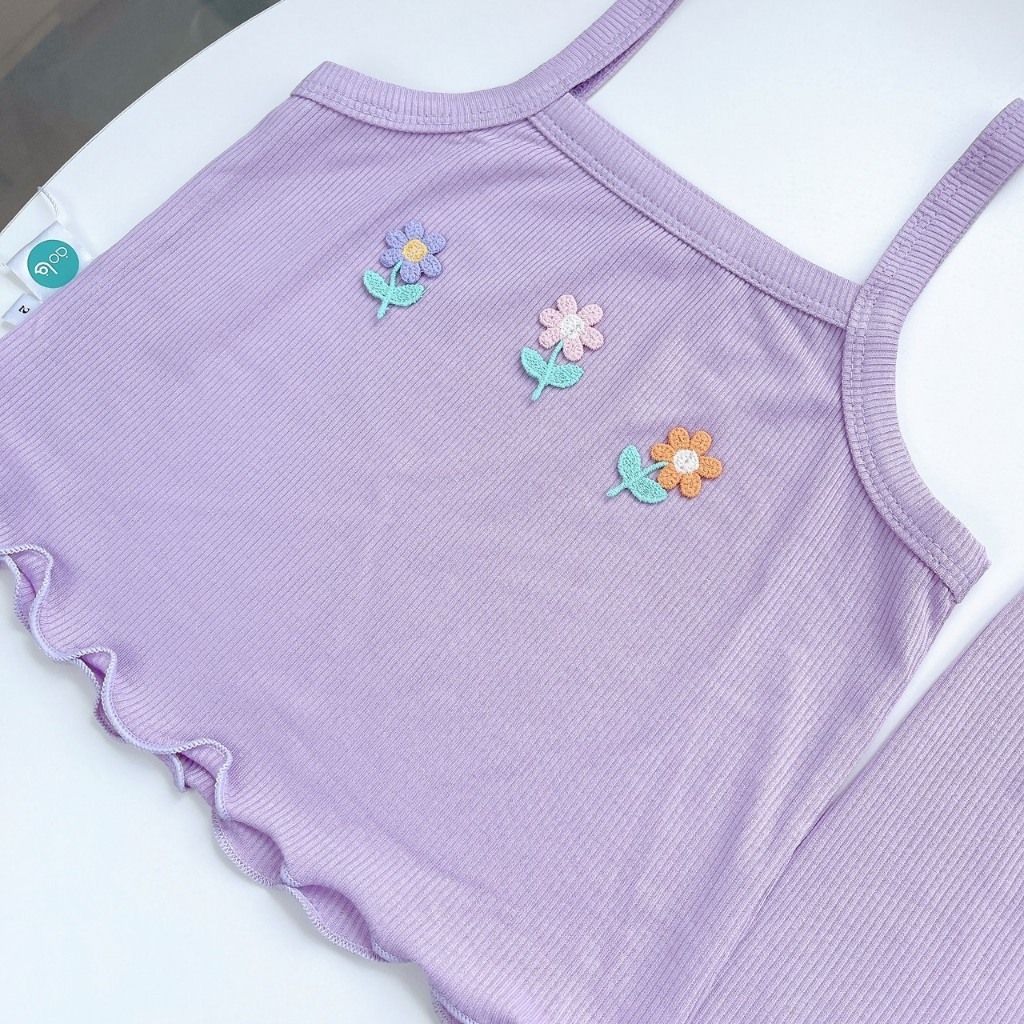  Bộ hai dây bé gái thun tăm lạnh rayon Áo Lá Homewear A159, đồ bộ bé gái hai dây quần lửng đính hoa xinh xắn 