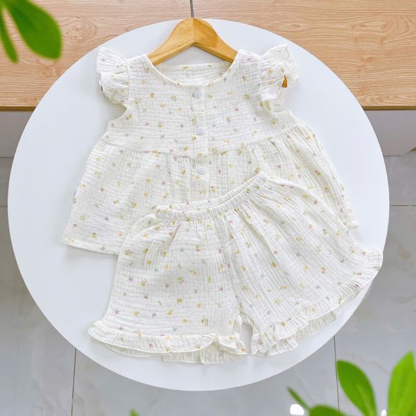  Bộ đùi bé gái xô muslin Áo Lá Homewear A264, bộ cộc tay bé gái cánh tiên bèo dễ thương babydoll 