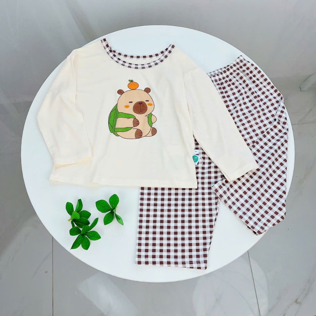  Bộ dài tay cho bé 95% sợi sồi Modal Áo Lá Homewear A209, pijama cho bé gái trai mềm mướt mát lạnh caro capybara kuromi 