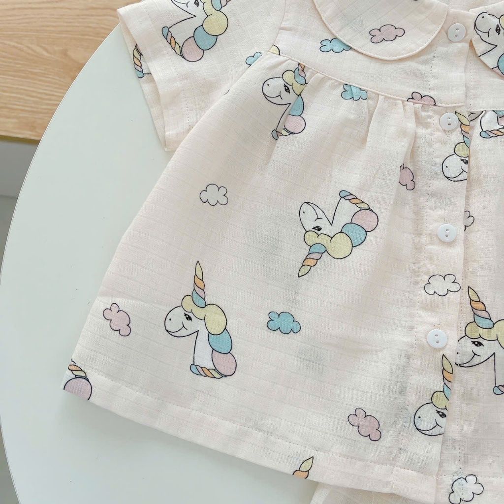  Bộ hè bé gái áo babydoll cánh tiên vải xô hai lớp mềm mát họa tiết thỏ mèo Áo Lá Homewear A049 