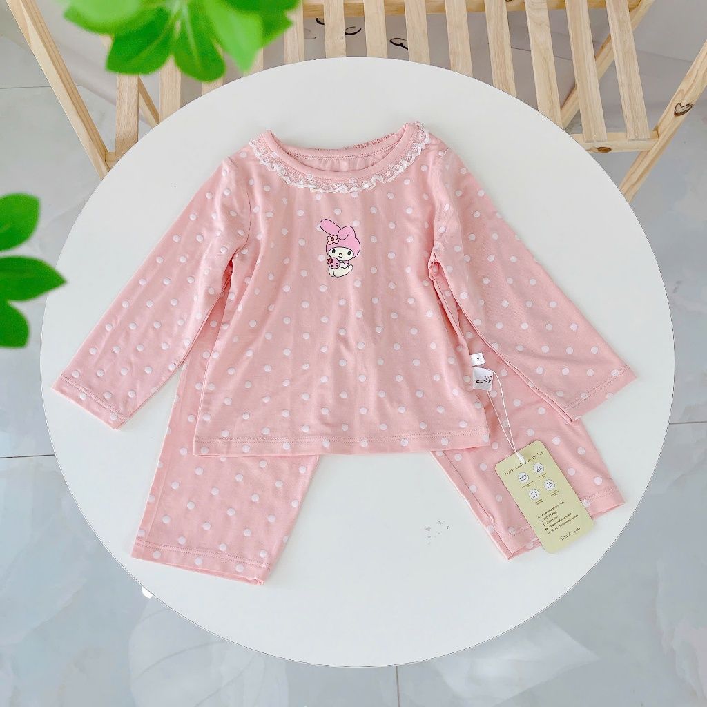  Đồ dài tay bé gái 95% sợi sồi Modal Ice Cool Lá Homewear A281, đồ ngủ cho bé mềm mướt mát lạnh viền ren chấm bi 
