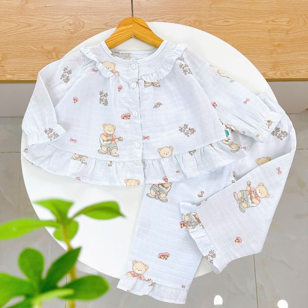  Pizama bé gái dài tay xô cotton Áo Lá Homewear A199, bộ đồ dài tay cho bé babydoll mặc ngủ bốn mùa 