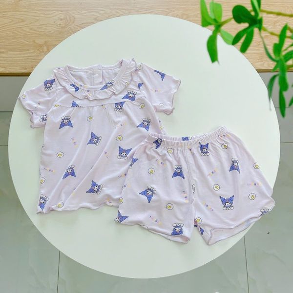  Bộ cộc tay bé gái Tencel Lycra mỏng mát lạnh Lá Homewear A266, bộ đùi bé gái mặc hè cổ tròn bèo xinh xắn kuromi 