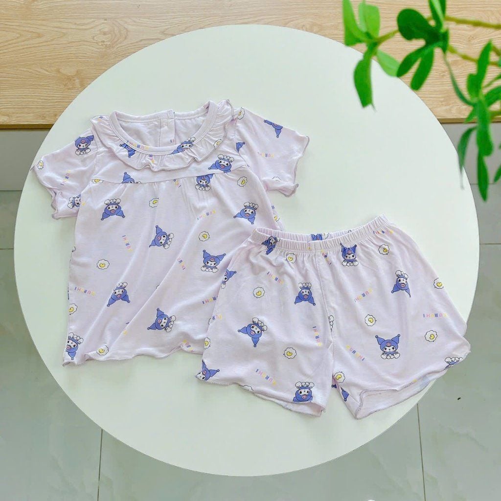  Bộ cộc tay bé gái Tencel Lycra mỏng mát lạnh Lá Homewear A266, bộ đùi bé gái mặc hè cổ tròn bèo xinh xắn kuromi 