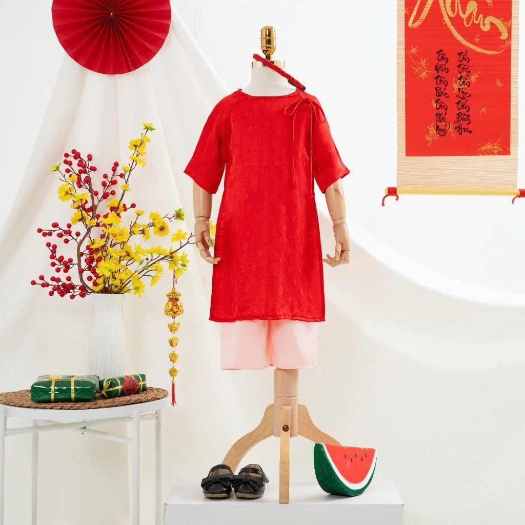  Áo dài Tết bé gái lụa tơ mát sang trọng, áo dài truyền thống cho bé AD01 Áo Lá Homewear 
