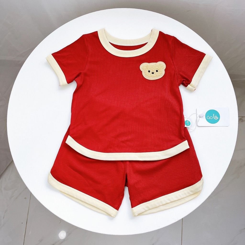  Bộ đồ bé trai thun tăm lạnh rayon Áo Lá Homewear A158 cộc tay quần đùi hình gấu áo vạt bầu 