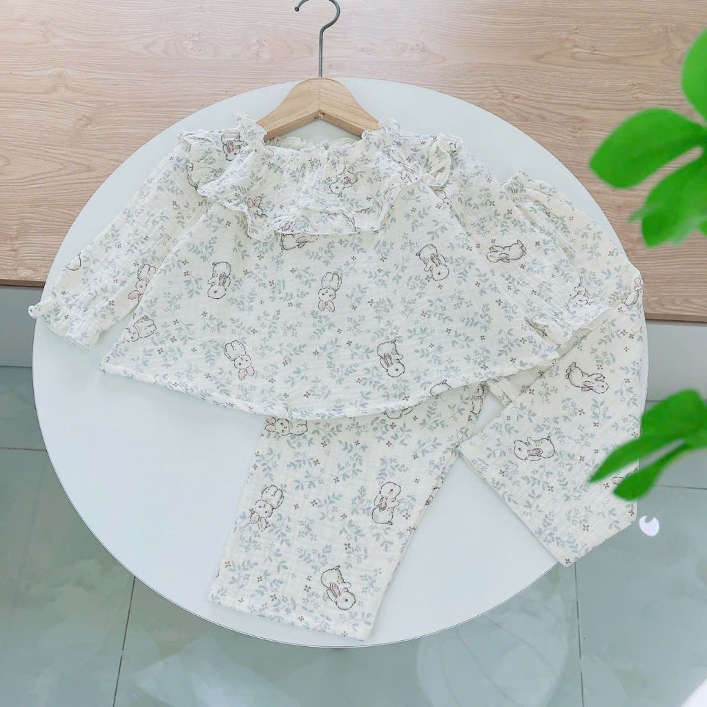  Bộ dài tay bé gái xô muslin Áo Lá Homewear A216, pijama bé gái mặc ngủ bốn mùa mềm mát thấm hút 7kg-27kg 
