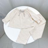  Bộ dài tay bé gái xô muslin Áo Lá Homewear A189, pizama cho bé gái mặc ngủ bốn mùa hoa nhí đính nơ xinh 