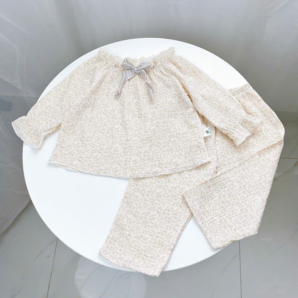  Bộ dài tay bé gái xô muslin Áo Lá Homewear A189, pizama cho bé gái mặc ngủ bốn mùa hoa nhí đính nơ xinh 