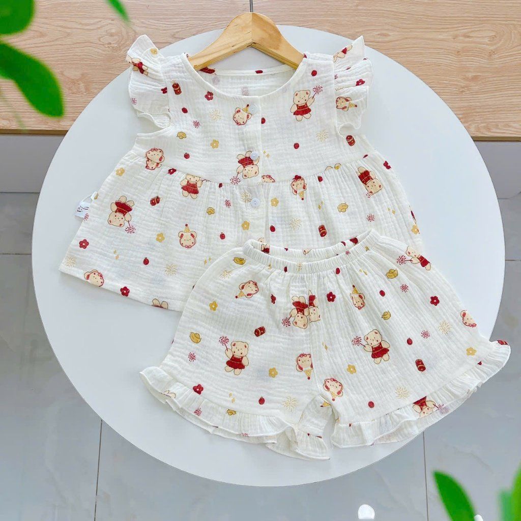  Bộ đùi bé gái xô muslin Áo Lá Homewear A264, bộ cộc tay bé gái cánh tiên bèo dễ thương babydoll 