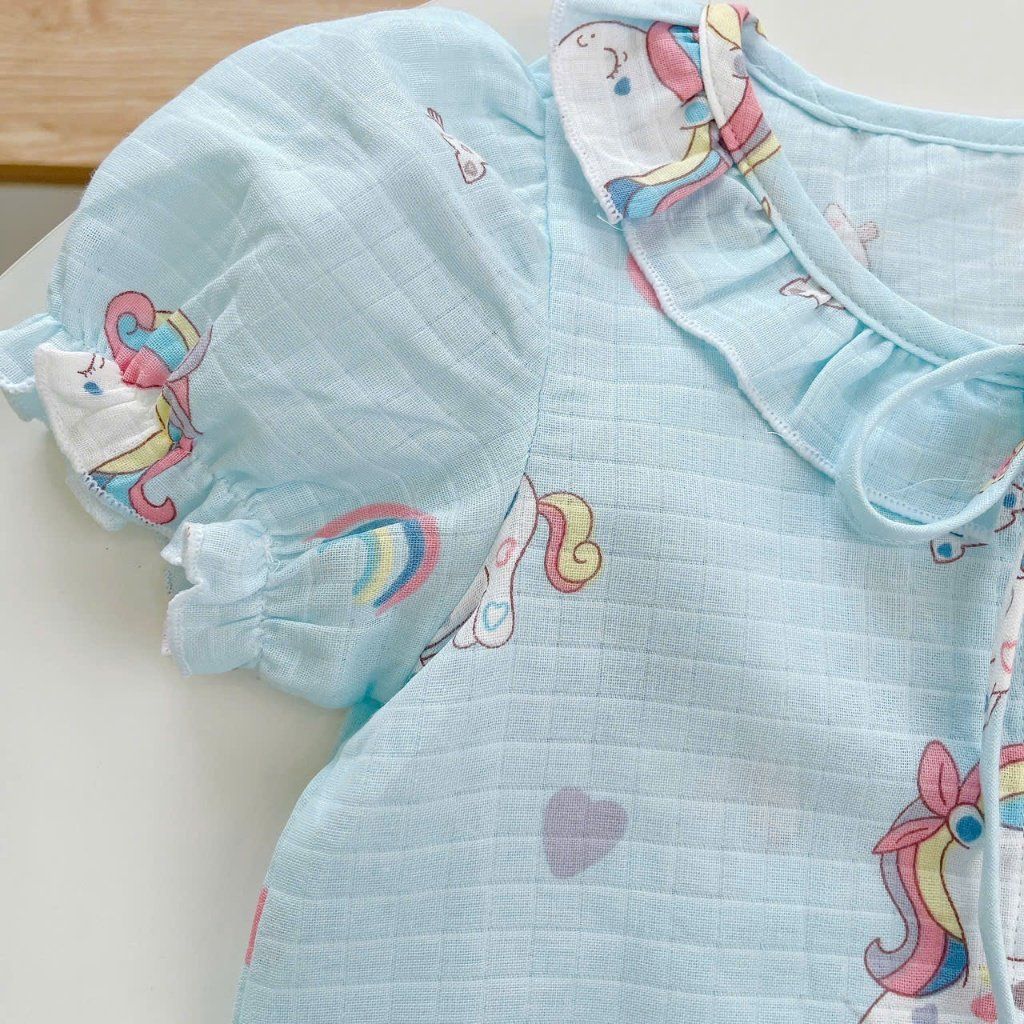 Đồ ngủ bé gái tay ngắn quần dài vải xô cotton Lá Homewear A261, pizama bé gái họa tiết unicorn dễ thương 