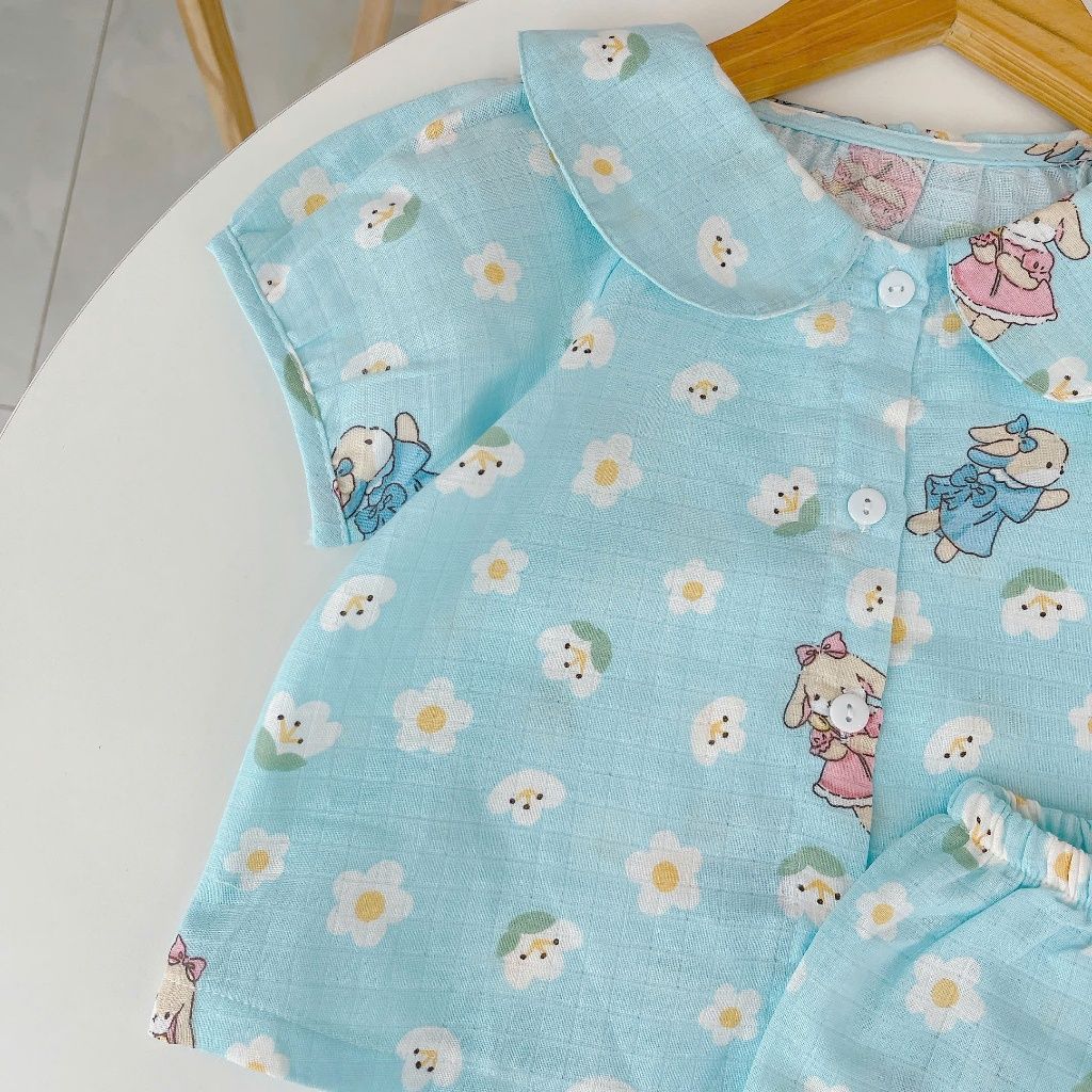  Bộ lửng bé gái Lá Homewear A293 xô cotton tay raglan họa tiết kỳ lân dễ thương thoáng mát 