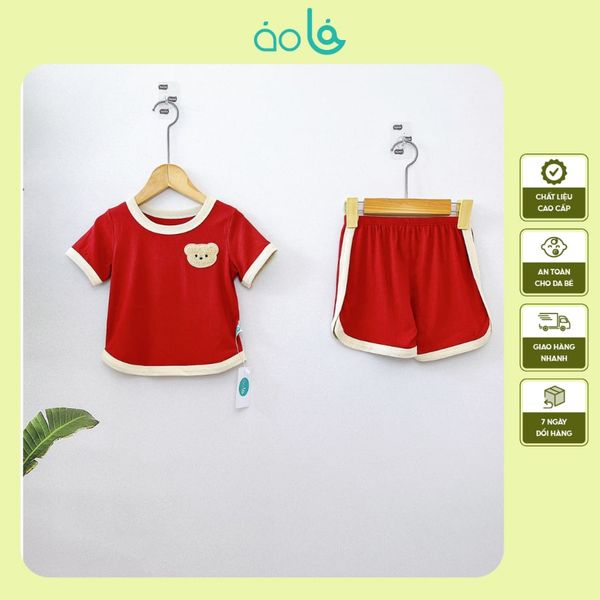  Bộ đồ bé trai thun tăm lạnh rayon Áo Lá Homewear A158 cộc tay quần đùi hình gấu áo vạt bầu 