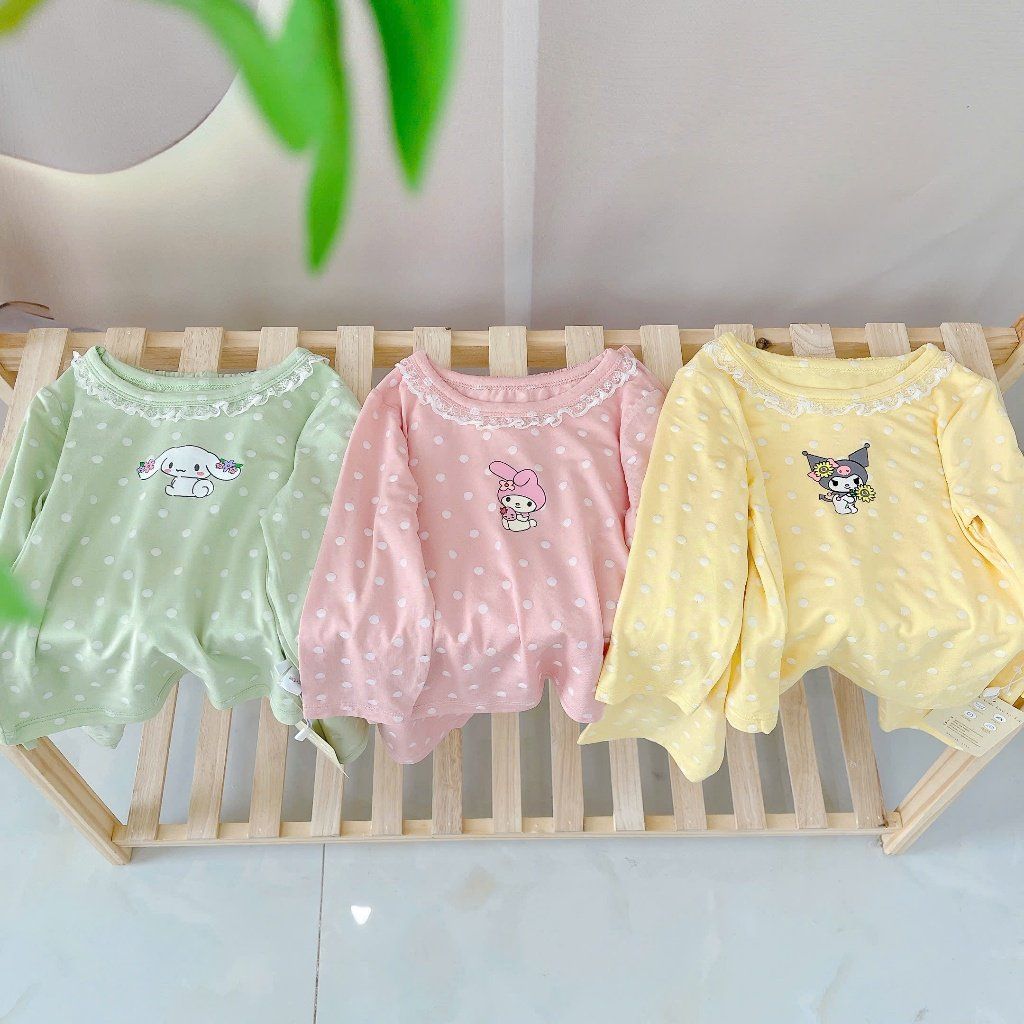  Đồ dài tay bé gái 95% sợi sồi Modal Ice Cool Lá Homewear A281, đồ ngủ cho bé mềm mướt mát lạnh viền ren chấm bi 