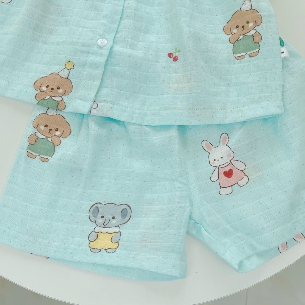  Bộ hè bé gái áo babydoll cánh tiên vải xô hai lớp mềm mát họa tiết thỏ mèo Áo Lá Homewear A049 