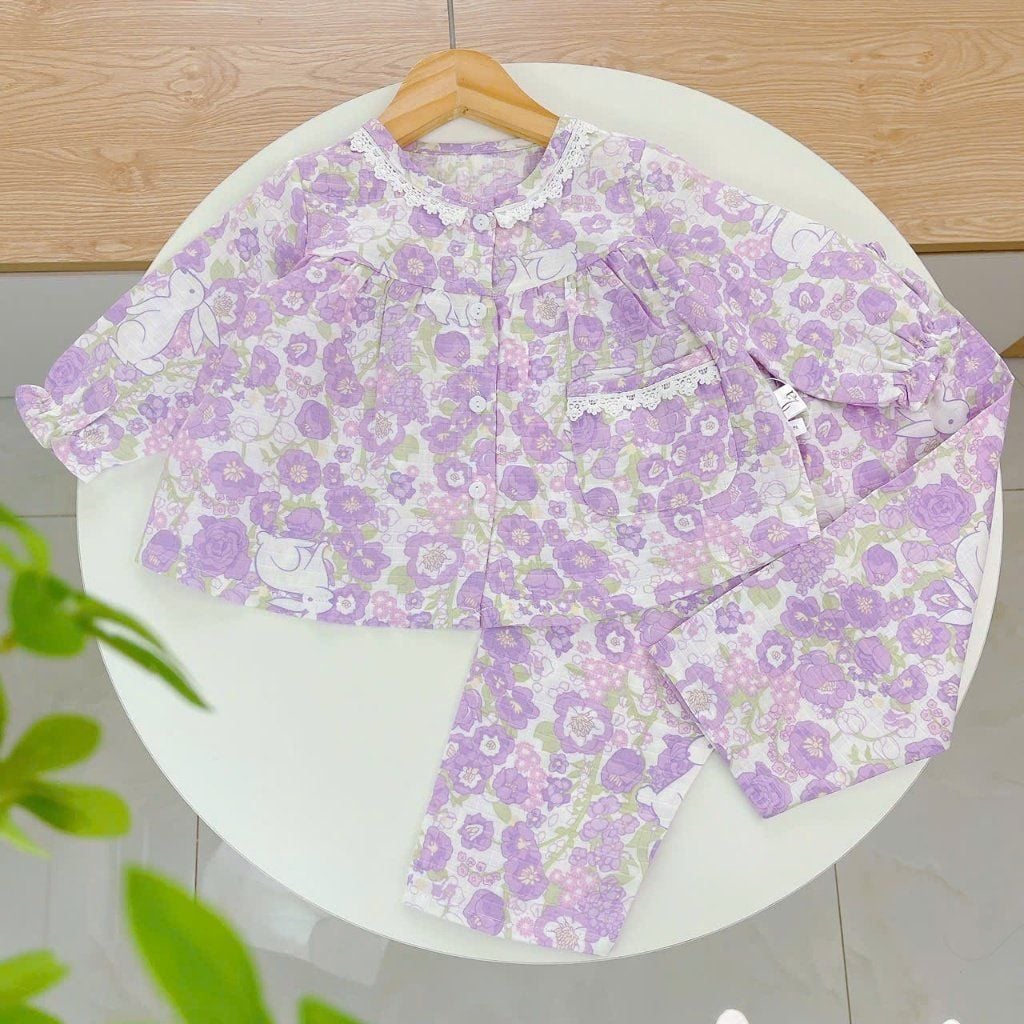  Bộ dài tay bé gái xô cotton Lá Homewear A263 mặc ngủ điều hòa babydoll , pizama cho bé gái thoáng mát dễ thương 