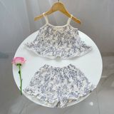 Bộ hai dây bé gái xô muslin Áo Lá Homewear A152, bộ đồ bé gái hè quần đùi xô đũi babydoll viền ren vintage 
