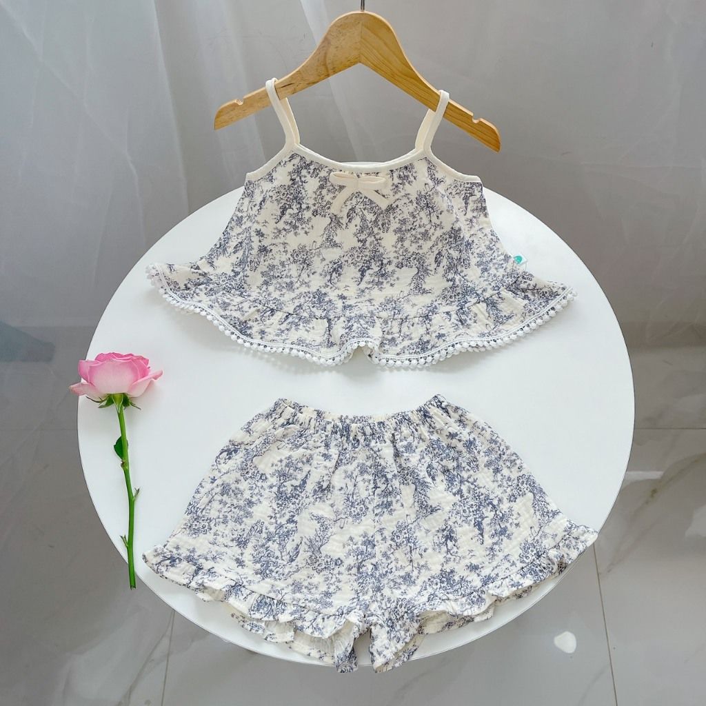  Bộ hai dây bé gái xô muslin Áo Lá Homewear A152, bộ đồ bé gái hè quần đùi xô đũi babydoll viền ren vintage 