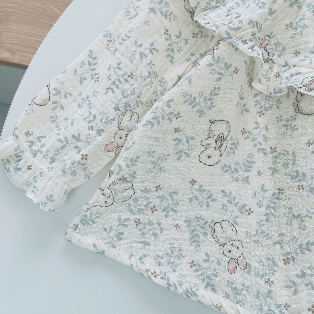 Bộ dài tay bé gái xô muslin Áo Lá Homewear A216, pijama bé gái mặc ngủ bốn mùa mềm mát thấm hút 7kg-27kg 
