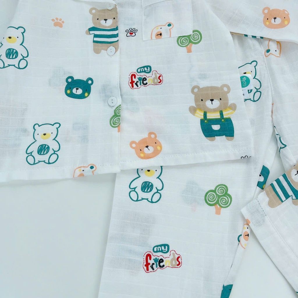 Pijama bé trai bé gái dài tay vải xô cotton Áo Lá Homewear A146, đồ ngủ trẻ em size đại nằm điều hòa bốn mùa 