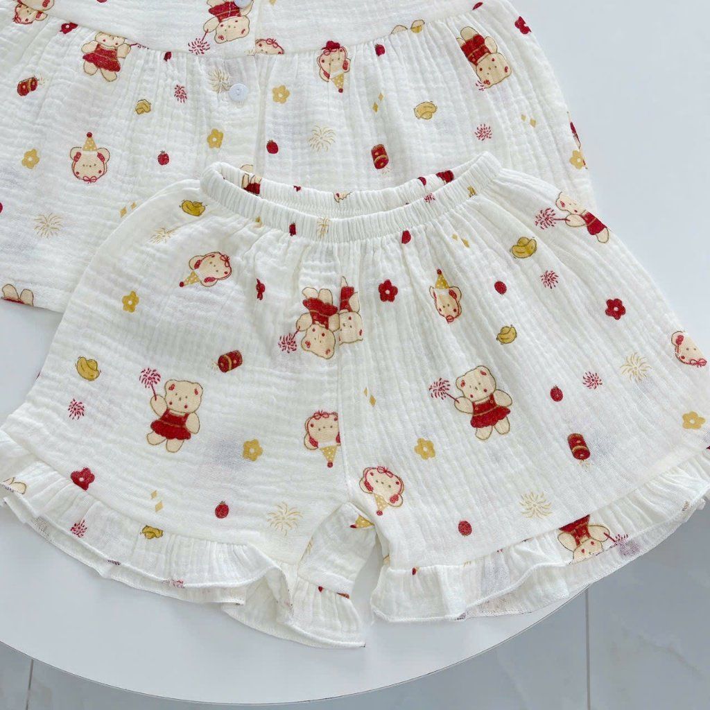  Bộ đùi bé gái xô muslin Áo Lá Homewear A264, bộ cộc tay bé gái cánh tiên bèo dễ thương babydoll 