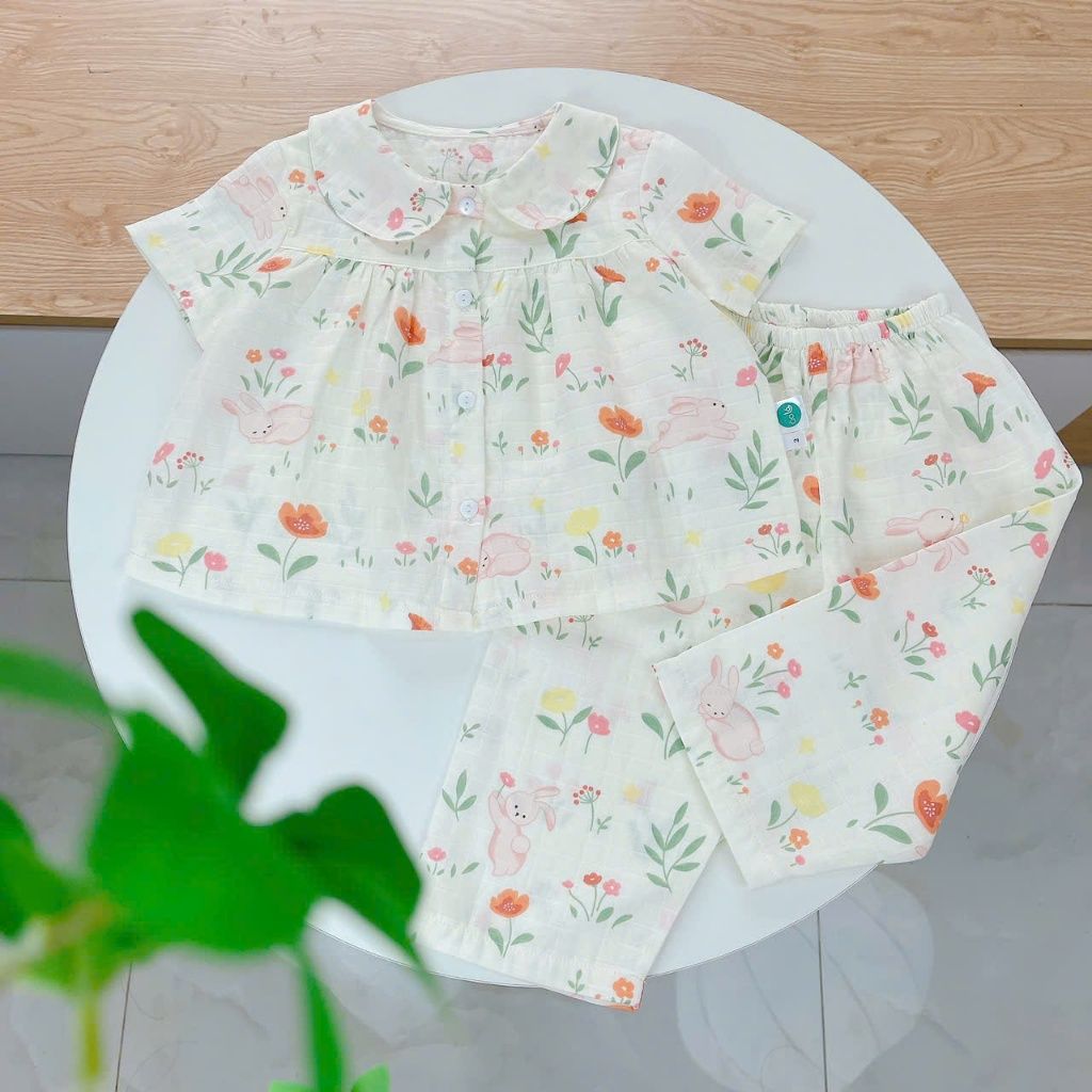  Pijama cho bé gái tay ngắn quần dài vải xô cotton Áo Lá Homewear A103, đồ bộ xô bé gái babydoll họa tiết dễ thương 