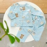  Pijama cho bé trai, bé gái vải  xô cotton Áo Lá Homewear A219, đồ bộ dài tay cho bé mát bốn mùa cổ tròn cài nút 