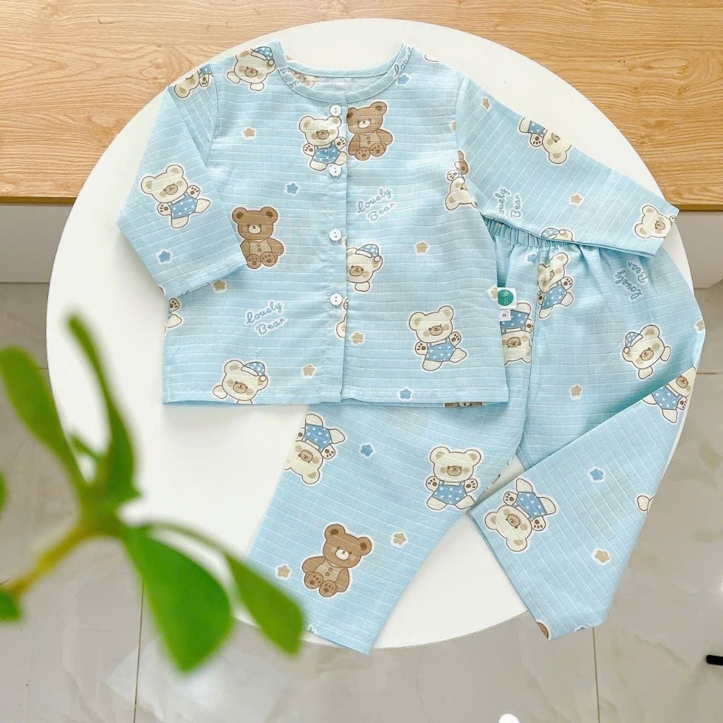  Pijama cho bé trai, bé gái vải  xô cotton Áo Lá Homewear A219, đồ bộ dài tay cho bé mát bốn mùa cổ tròn cài nút 