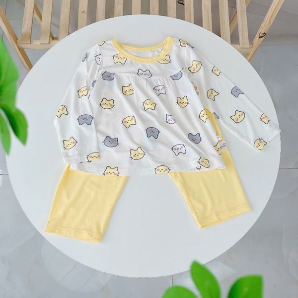  Đồ ngủ cho bé gái 95% sợi sồi Modal Ice Cool Lá Homewear A283, bộ dài tay cho bé mềm mướt mát lạnh babydoll họa tiết mèo 