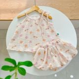  Bộ hai dây bé gái mặc hè xô muslin Lá Homewear A243, bộ yếm quần bí bé gái babydoll dễ thương kuromi thỏ gấu 