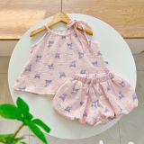  Bộ hai dây bé gái mặc hè xô muslin Lá Homewear A243, bộ yếm quần bí bé gái babydoll dễ thương kuromi thỏ gấu 