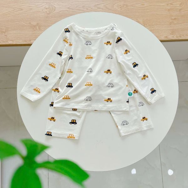  Bộ dài tay bé trai 95% sợi sồi Modal Ice Cool Áo Lá Homewear A245 mềm mướt mát lạnh, đồ dài mặc ngủ bé trai hình xe 