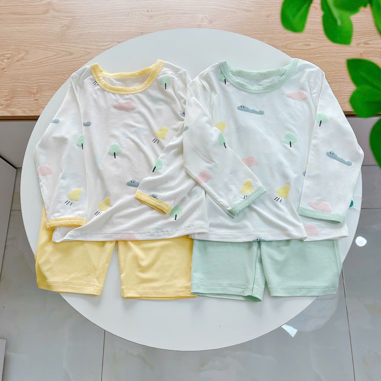  Bộ dài tay cho bé 95% sợi sồi Modal Ice Cool Áo Lá Homewear A248 mềm mát mùa hè, đồ ngủ dài tay bé trai bé gái 