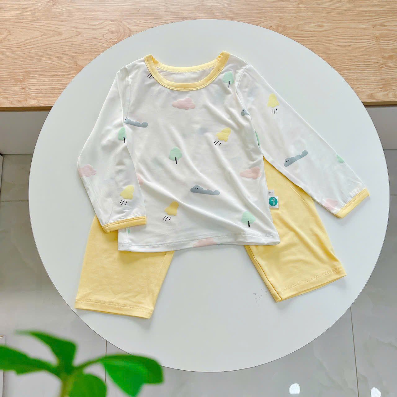  Bộ dài tay cho bé 95% sợi sồi Modal Ice Cool Áo Lá Homewear A248 mềm mát mùa hè, đồ ngủ dài tay bé trai bé gái 