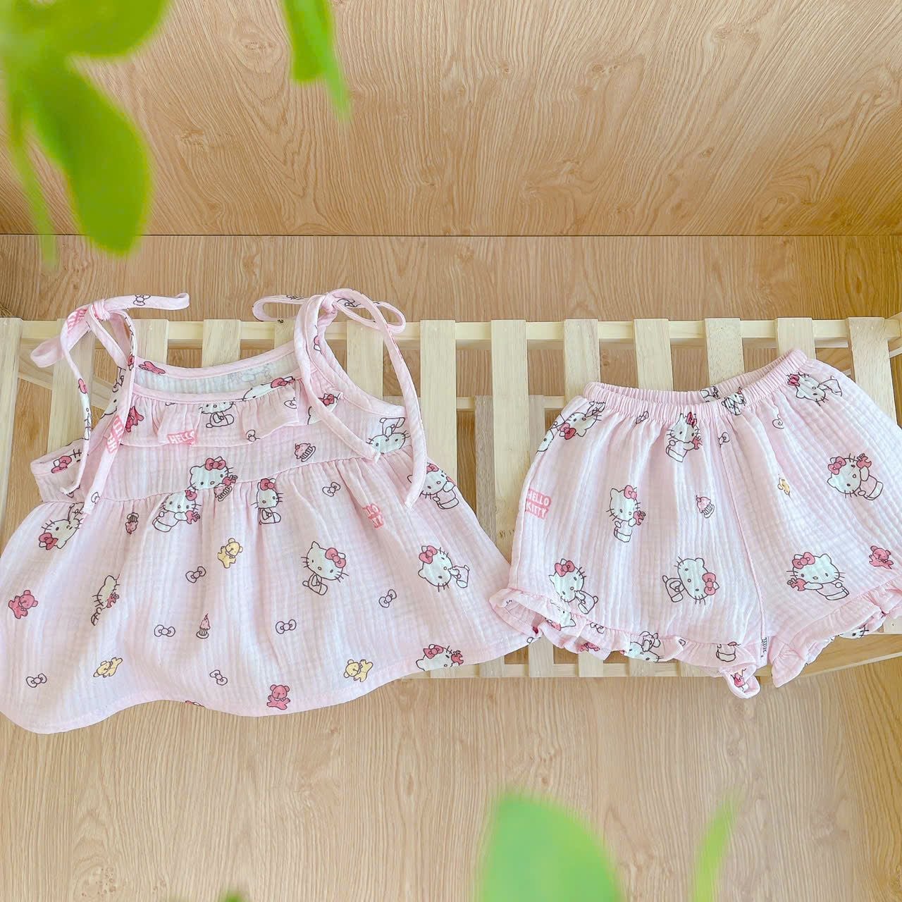  Bộ 2 dây bé gái mặc hè xô muslin Lá Homewear A249, đồ bộ hè bé gái mát mềm babydoll mèo kitty 
