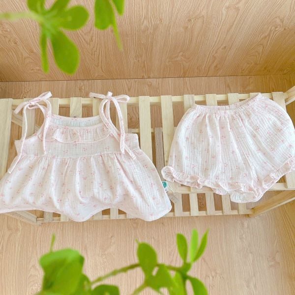  Bộ 2 dây bé gái mặc hè xô muslin Lá Homewear A249, đồ bộ hè bé gái mát mềm babydoll mèo kitty 