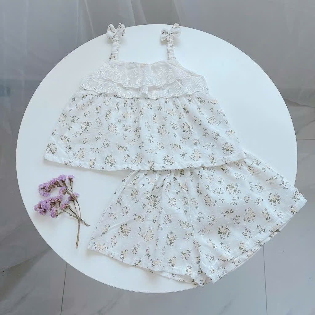  Bộ hai dây cho bé gái mặc hè thô hạt mềm mát Áo Lá Homewear A150, đồ bộ bé gái cotton quần váy đính nơ xinh 