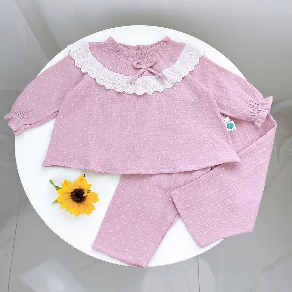  Pijama bé gái xô muslin Áo Lá Homewear A174, đồ bộ dài tay bé gái mặc ngủ bốn mùa thoáng mát 