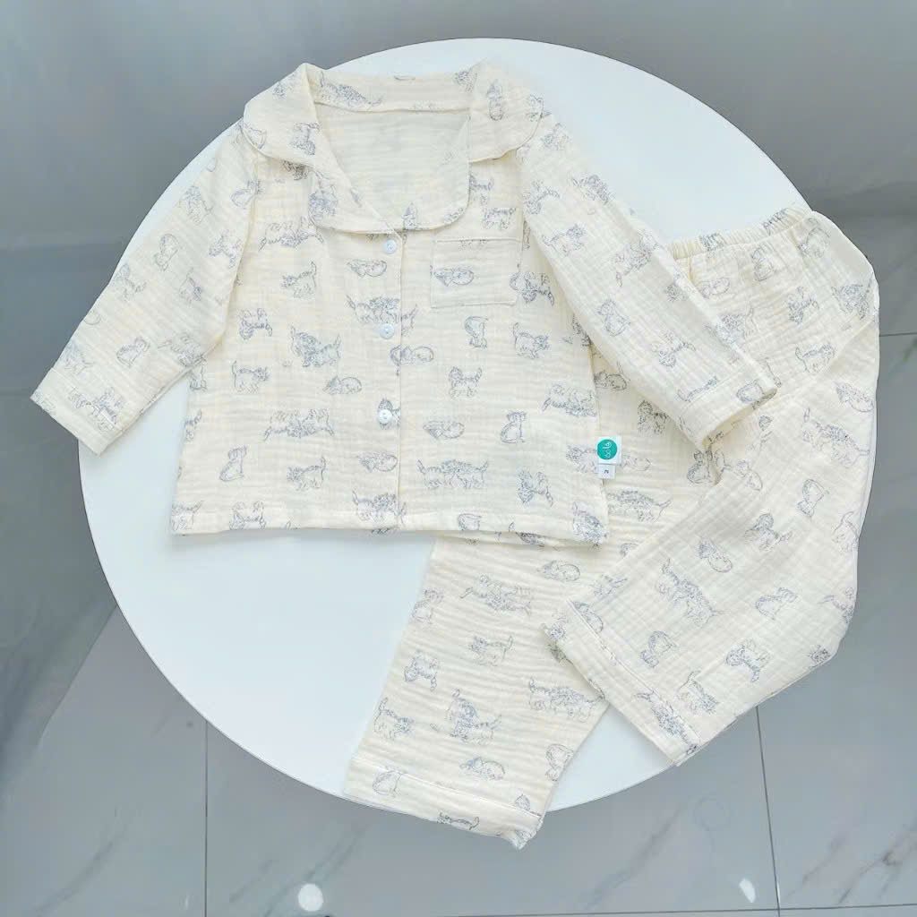  Pijama cho bé xô muslin Áo Lá Homewear A170, bộ dài tay bé trai bé gái mặc ngủ điều hòa thoáng mát 