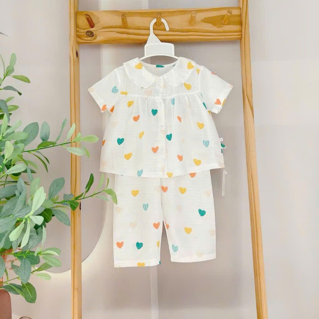  Pijama cho bé gái tay ngắn quần dài vải xô cotton Áo Lá Homewear A103, đồ bộ xô bé gái babydoll họa tiết dễ thương 