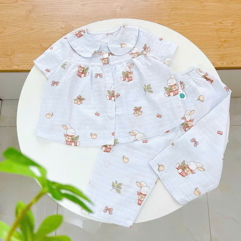 Pijama cho bé gái tay ngắn quần dài vải xô cotton Áo Lá Homewear A103, đồ bộ xô bé gái babydoll họa tiết dễ thương 