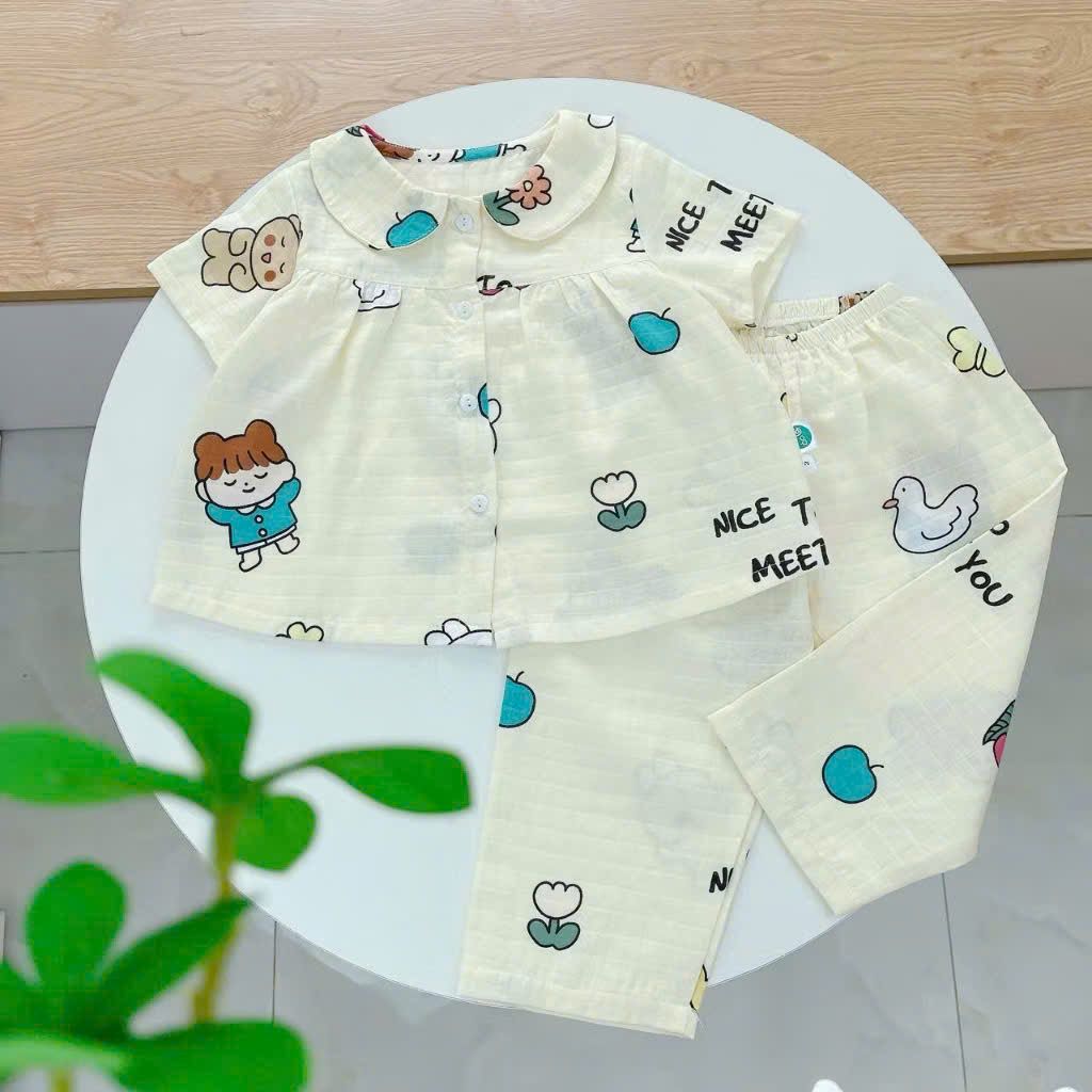  Pijama cho bé gái tay ngắn quần dài vải xô cotton Áo Lá Homewear A103, đồ bộ xô bé gái babydoll họa tiết dễ thương 