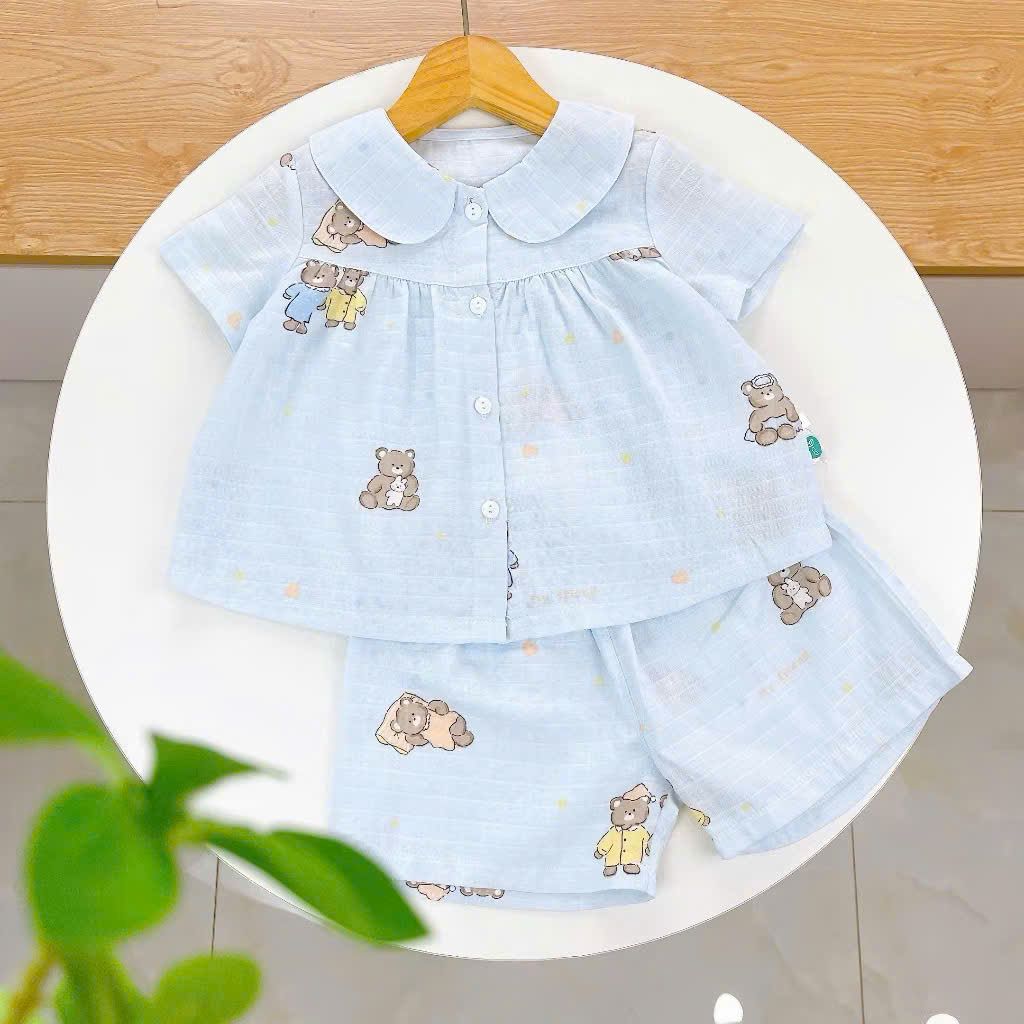  Bộ hè bé gái áo babydoll cánh tiên vải xô hai lớp mềm mát họa tiết thỏ mèo Áo Lá Homewear A049 