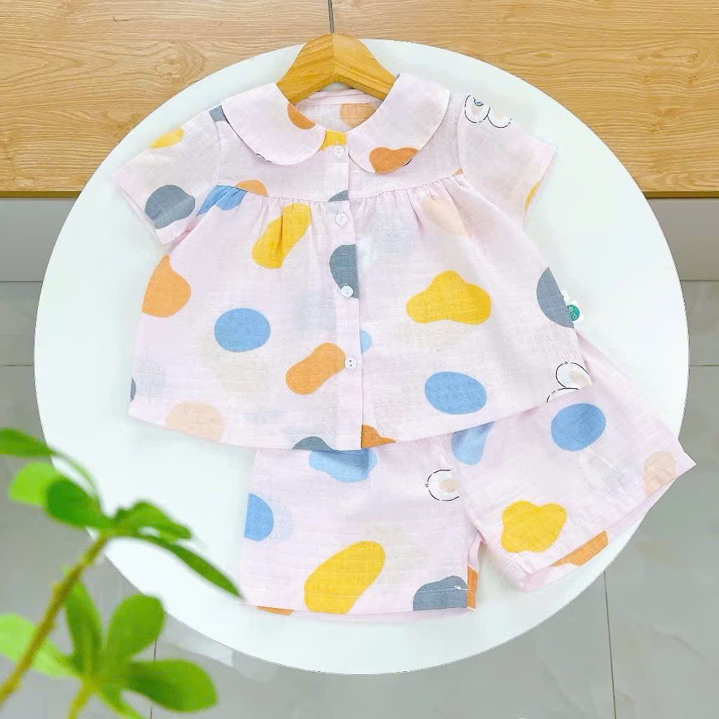  Bộ hè bé gái áo babydoll cánh tiên vải xô hai lớp mềm mát họa tiết thỏ mèo Áo Lá Homewear A049 