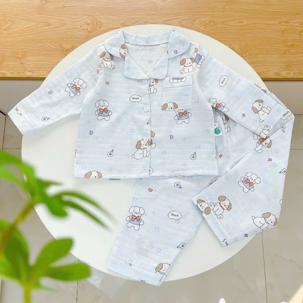  Pijama bé trai bé gái dài tay vải xô Áo Lá Homewear A014, đồ ngủ trẻ em size đại cotton nằm điều hòa bốn mùa 