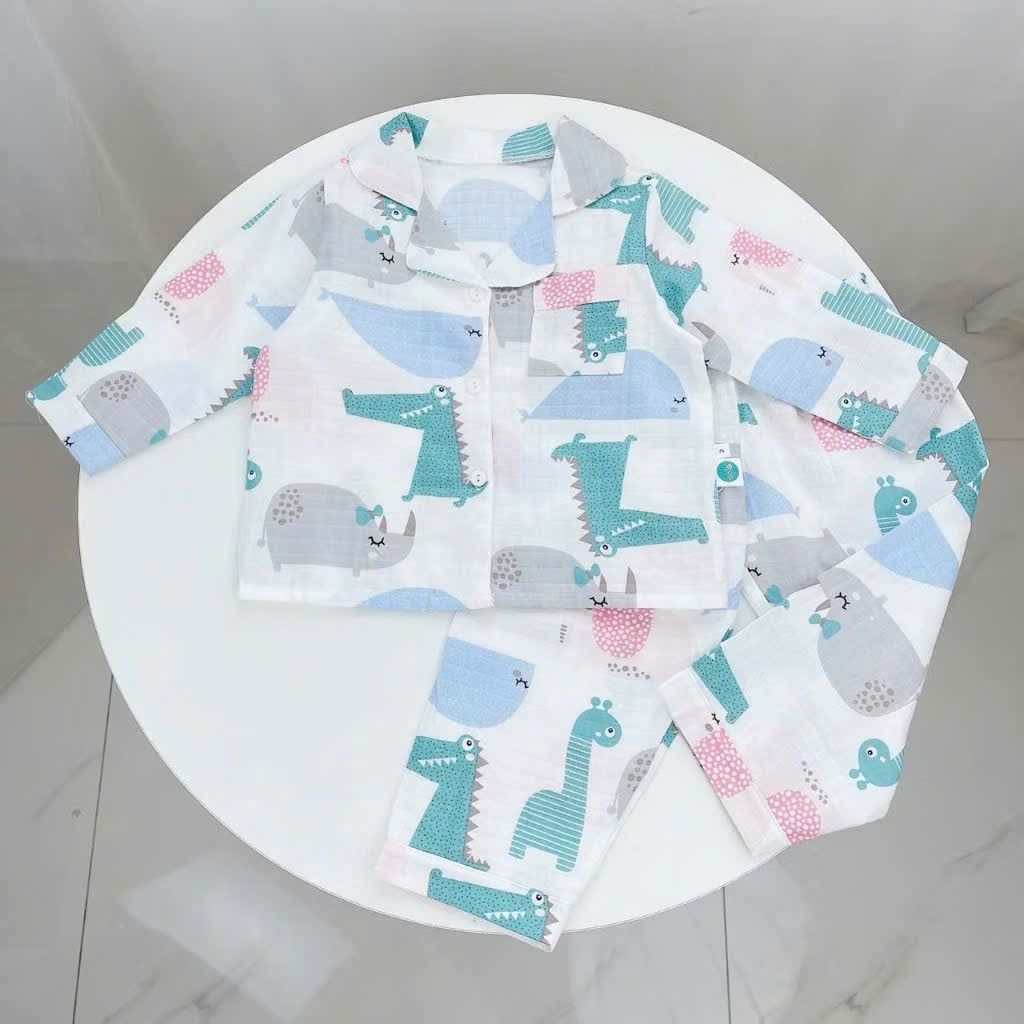  Pijama bé trai bé gái dài tay vải xô Áo Lá Homewear A014, đồ ngủ trẻ em size đại cotton nằm điều hòa bốn mùa 