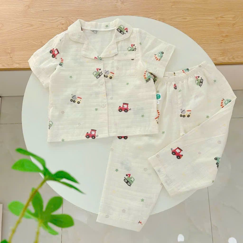  Pijama bé trai tay ngắn quần dài vải xô cotton Áo Lá Homewear A029, bộ ngủ bé trai 