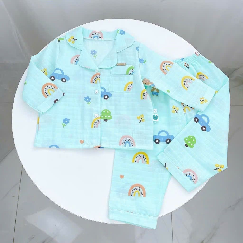  Pijama bé trai bé gái dài tay vải xô cotton Áo Lá Homewear A146, đồ ngủ trẻ em size đại nằm điều hòa bốn mùa 
