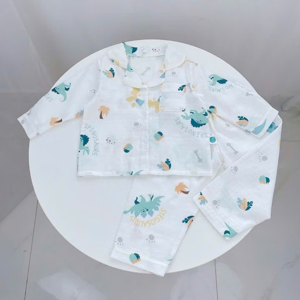  Pijama bé trai bé gái dài tay vải xô cotton Áo Lá Homewear A146, đồ ngủ trẻ em size đại nằm điều hòa bốn mùa 