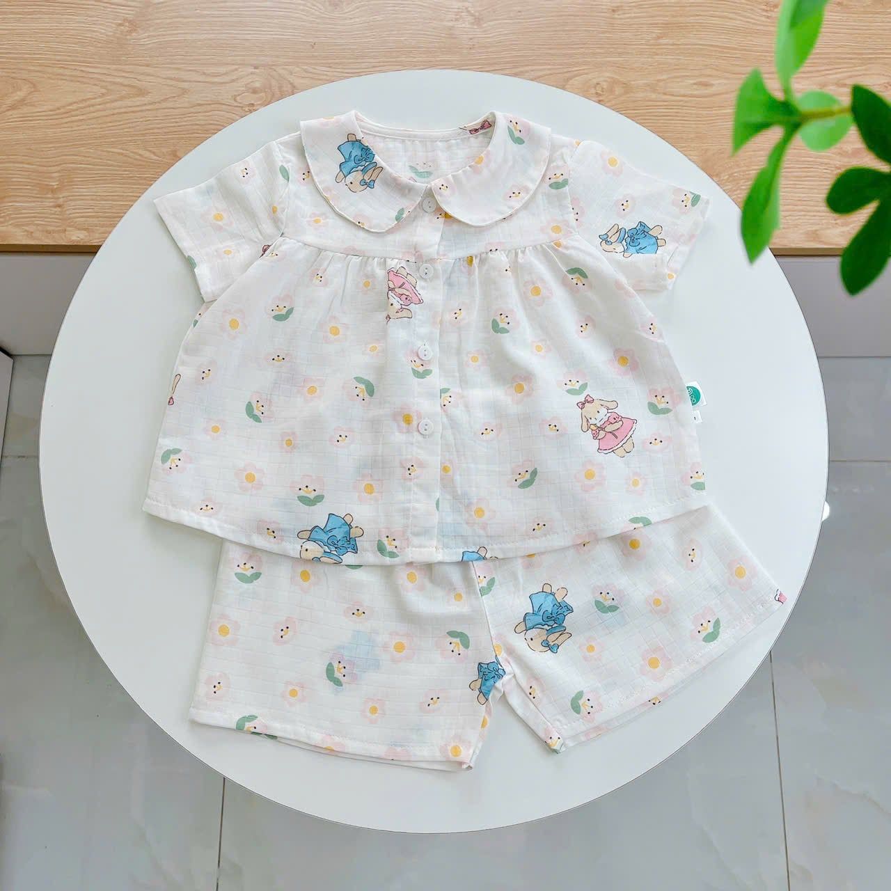  Bộ hè bé gái áo babydoll cánh tiên vải xô hai lớp mềm mát họa tiết thỏ mèo Áo Lá Homewear A049 